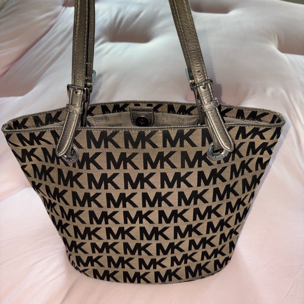 Michael Kors Tan and Black MK Logo Tote with Metallic Straps